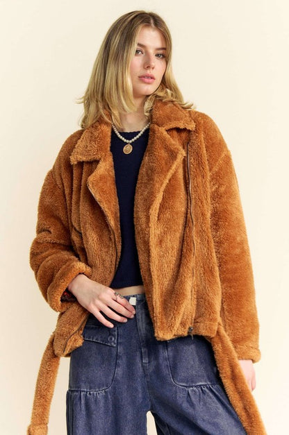 Brown Fuzzy Zip Up Collared Neck Jacket