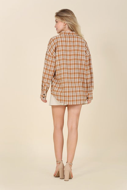 Autumn Beige Drop Shoulder Plaid Button Down Shirt