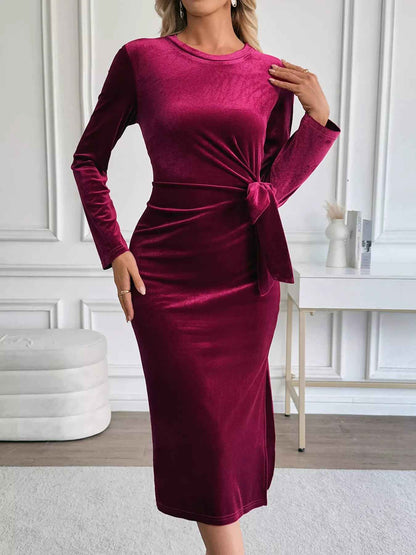 Velvet Midi Party Dress - Chic Side-Tie Style - Fashions Envy