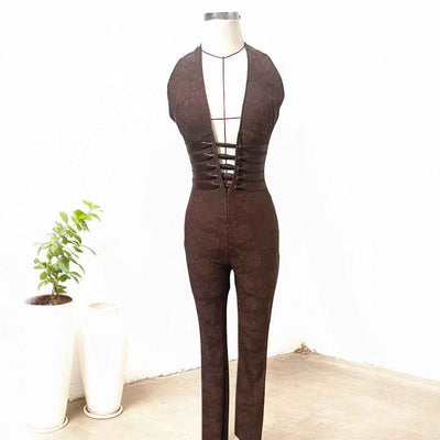 Lace Halter Jumpsuit - Deep V Wide Leg Style - Fashions Envy