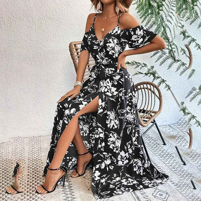 Floral Maxi Summer Dress - Cold Shoulder Split A-Line