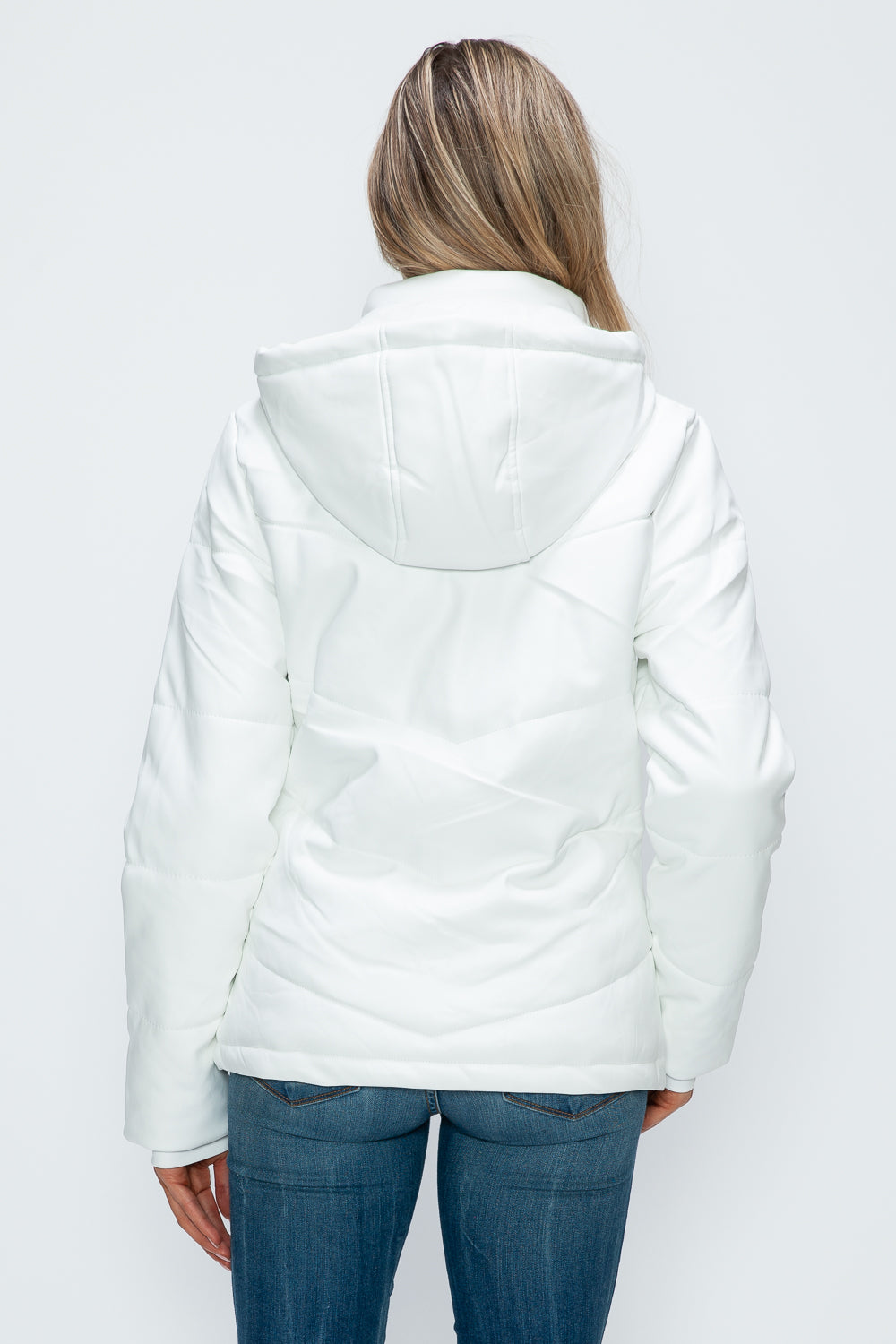 White Pocketed Zip Up Puffer Jacket with Removable Hood