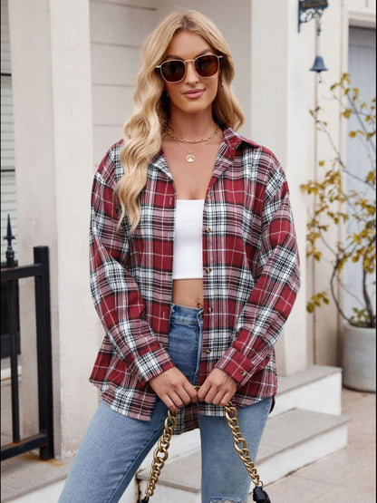 Mandy Pocketed Plaid Collared Neck Long Sleeve Shirt - Fashions Envy