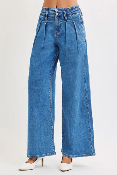 RISEN Wide Leg Jeans - Mid Rise Pleated Detail - Fashions Envy