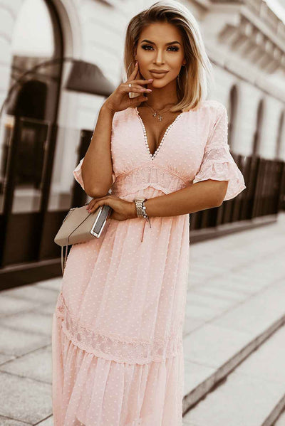 Swiss Dot Ruffle Sleeve Maxi Dress - Pink Lace Trim