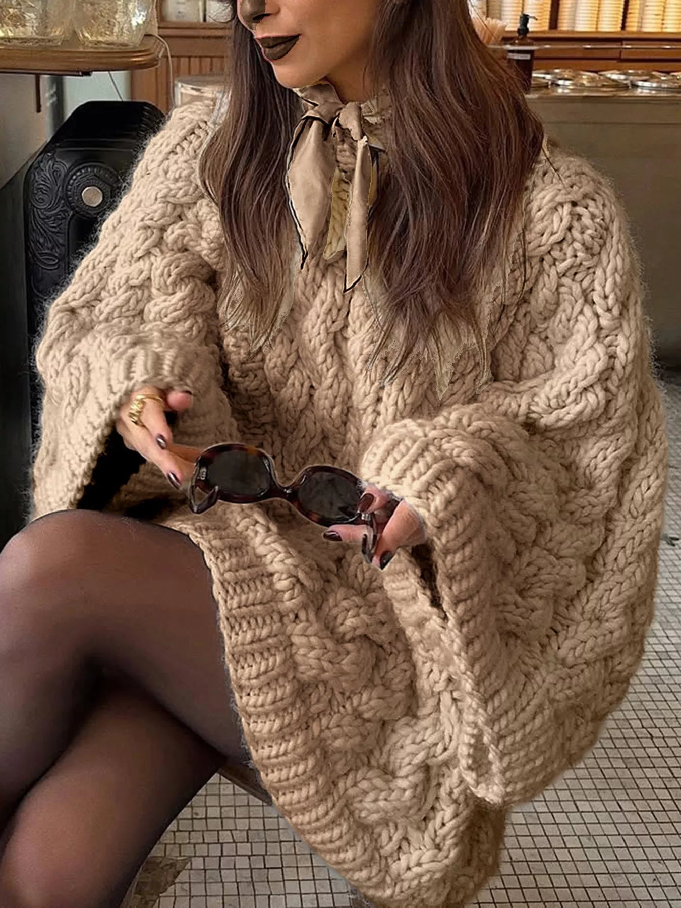 Trendsi Beige Cable Knit Sweater with Oversized Fit, Cozy for Casual Wear