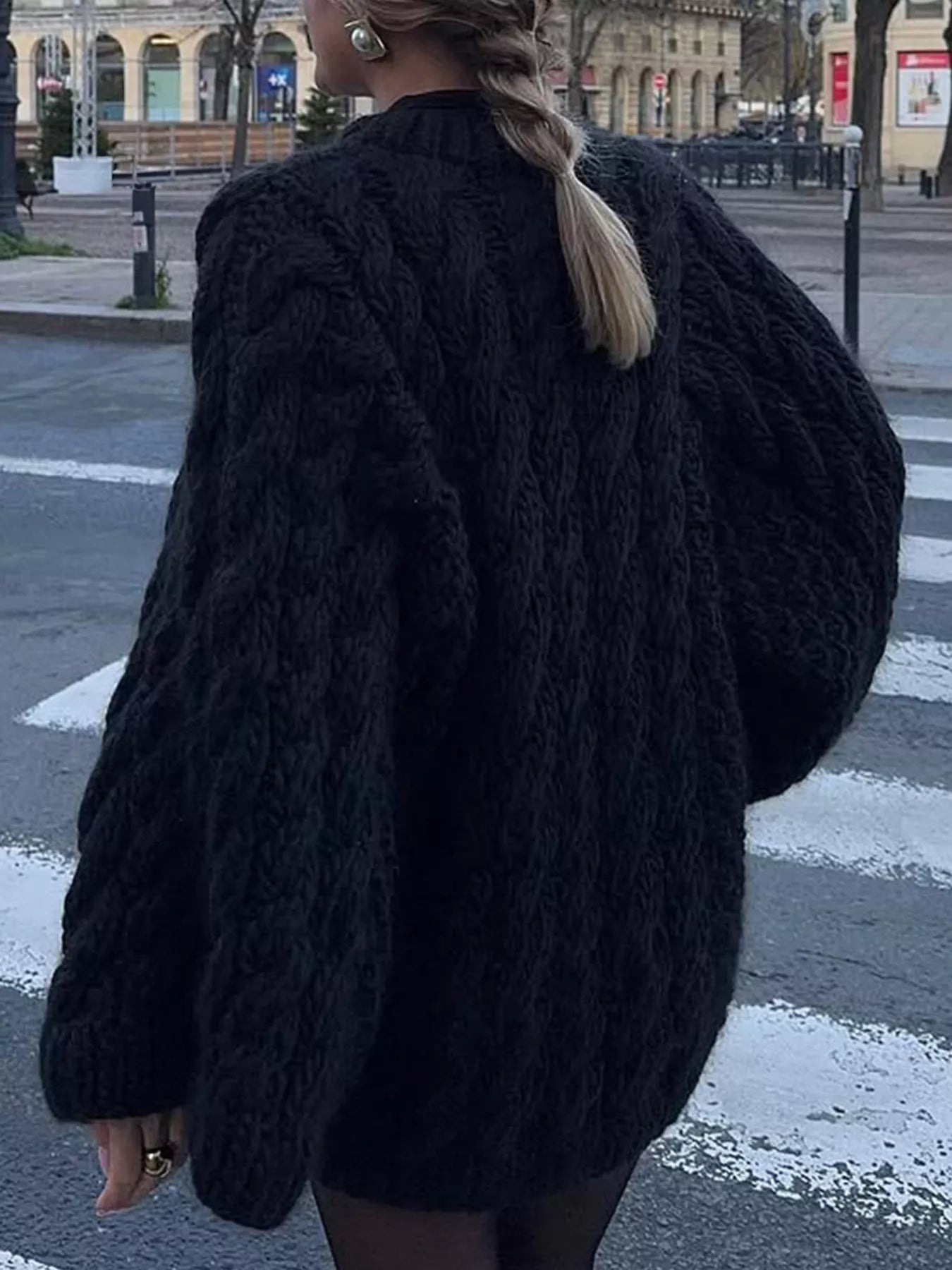 Oversized black Cable Knit Sweater with chunky texture, perfect for cozy casual wear