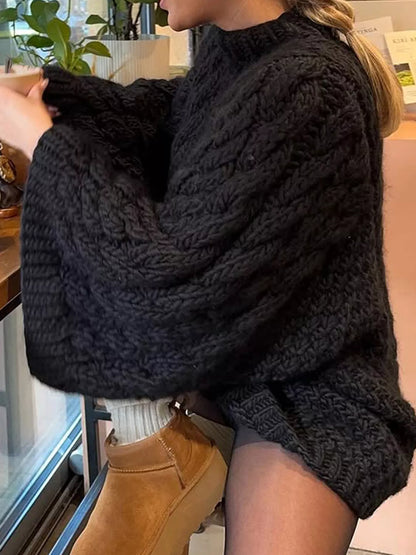 Trendsi black cable knit sweater with oversized sleeves for cozy winter style