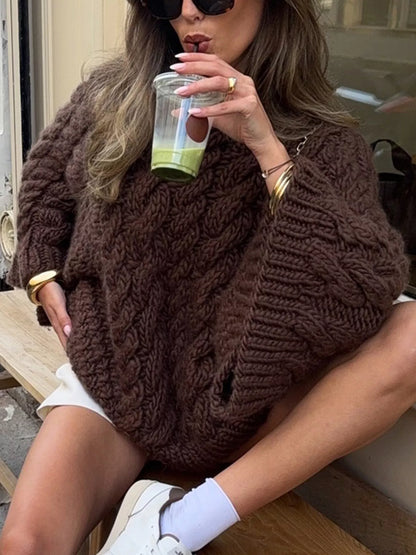 Trendsi Cable Knit Sweater in Brown, Oversized Style with Cozy Texture for Casual Wear