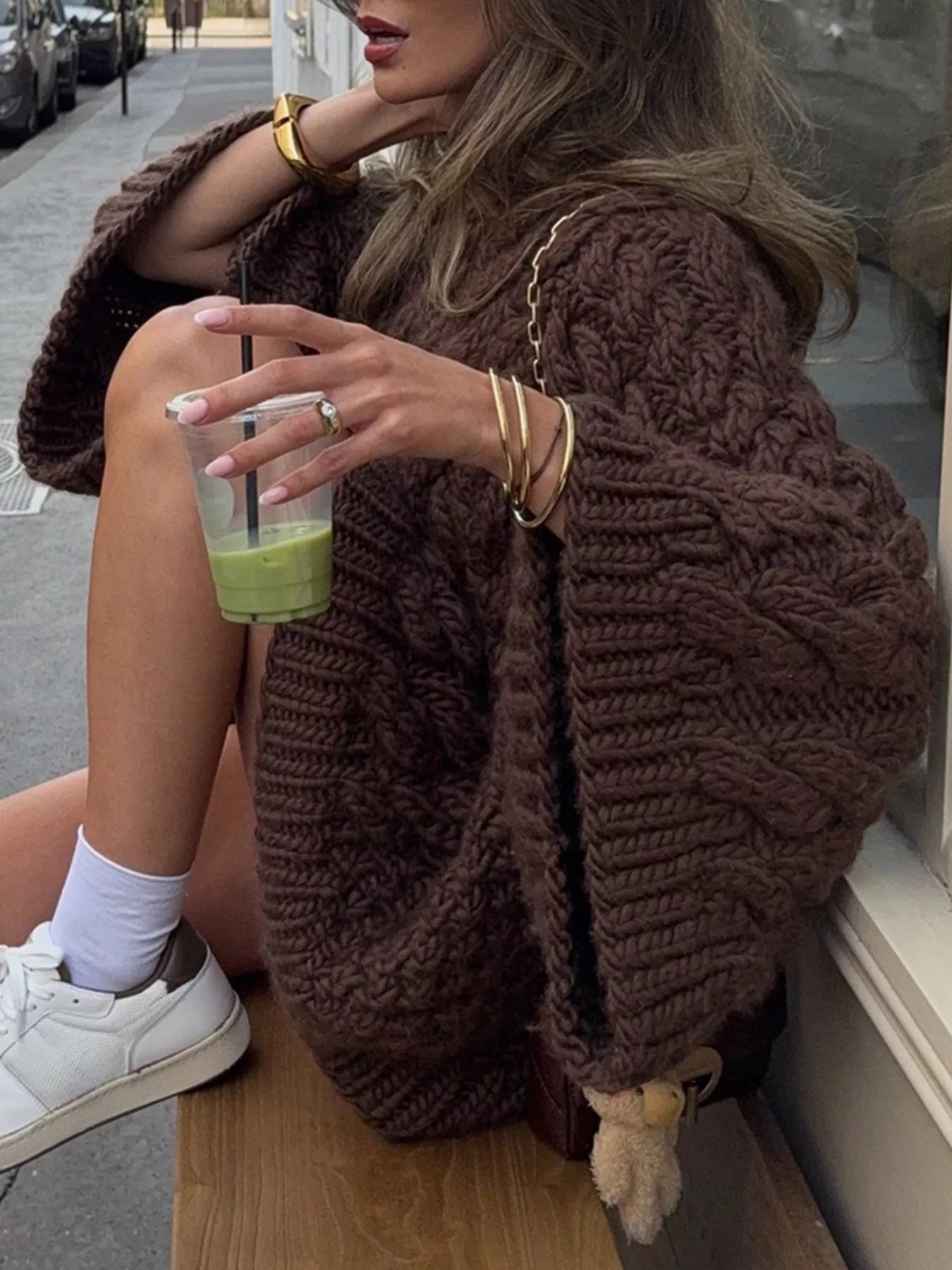 Brown Cable Knit Sweater with Oversized Sleeves, Perfect for Cozy Fall Outfits
