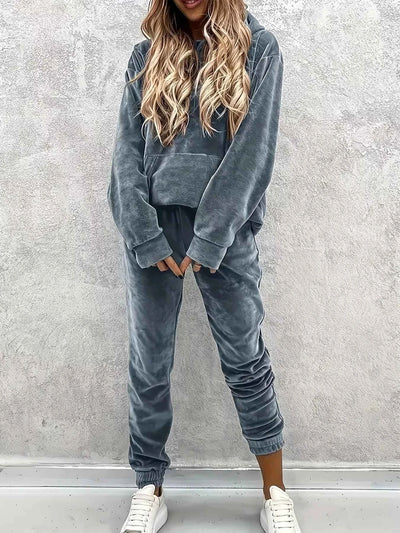 Velvet Long Sleeve Hoodie and Pants Set