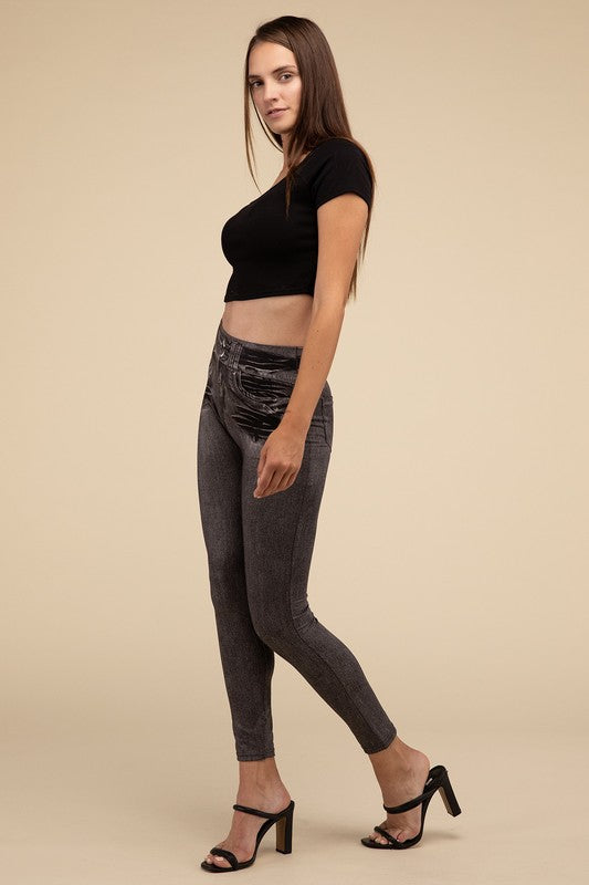 Casual High Rise Waist Denim Fitted Leggings