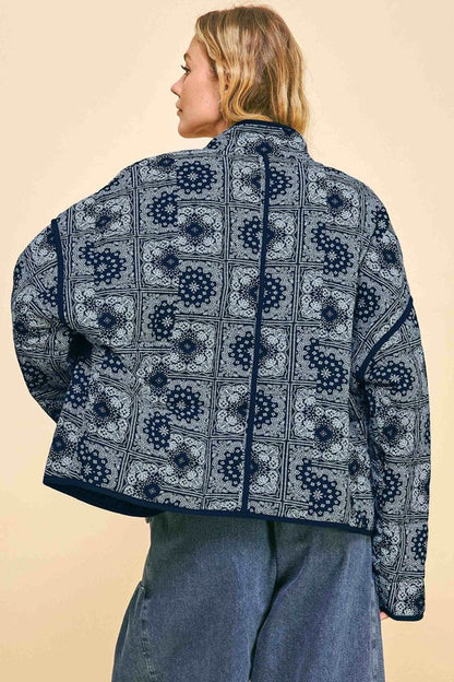 Vintage Print Open Front Jacket with Pockets