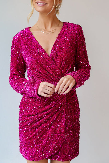 Deep Rose Sequin Surplice Long Sleeve Mini Dress