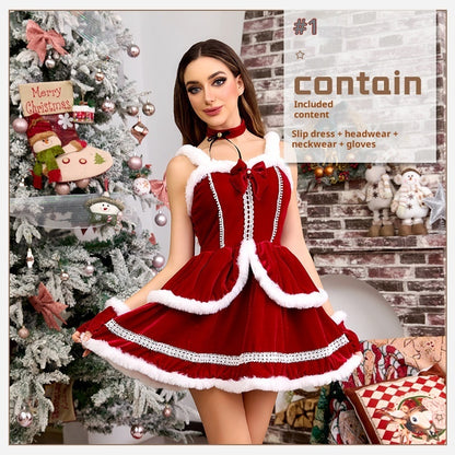 Red Christmas Party Outfit Set - Velvet Bow Dress