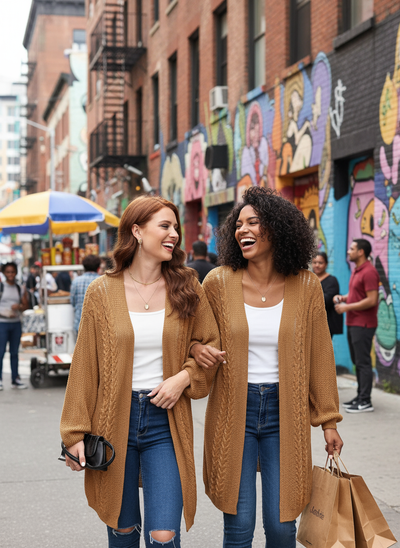 Camel cable knit - redhead walking with friend