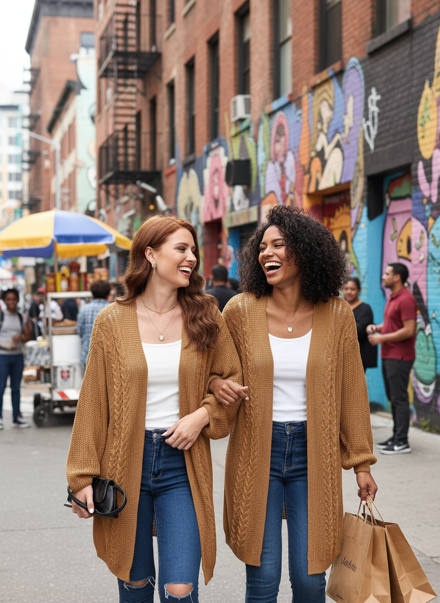 Camel cable knit - redhead walking with friend