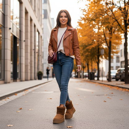 Camel round toe platform boots autumn street lifestyle