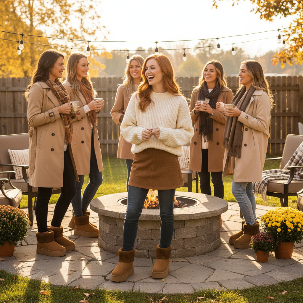 Camel round toe platform boots outdoor firepit friends lifestyle