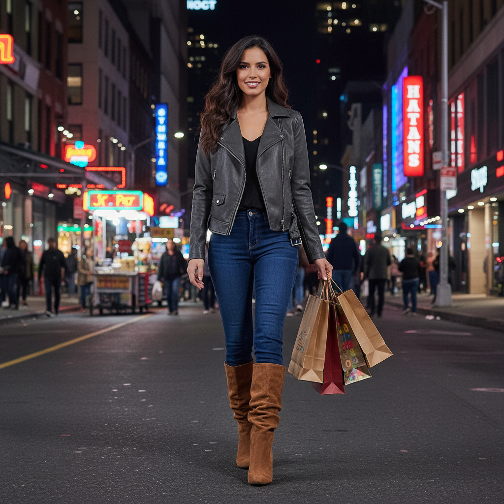 Camel slouchy boots - brunette on urban street at night