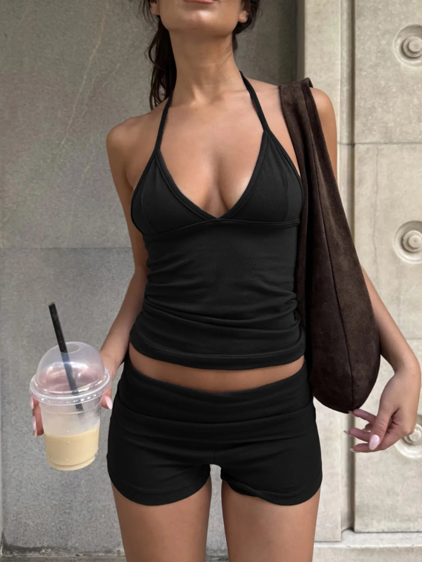 Black Cami and Shorts Set featuring a halter top and comfortable shorts for casual summer wear