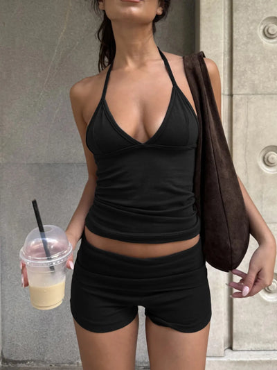 Black Cami and Shorts Set featuring a halter top and comfortable shorts for casual summer wear