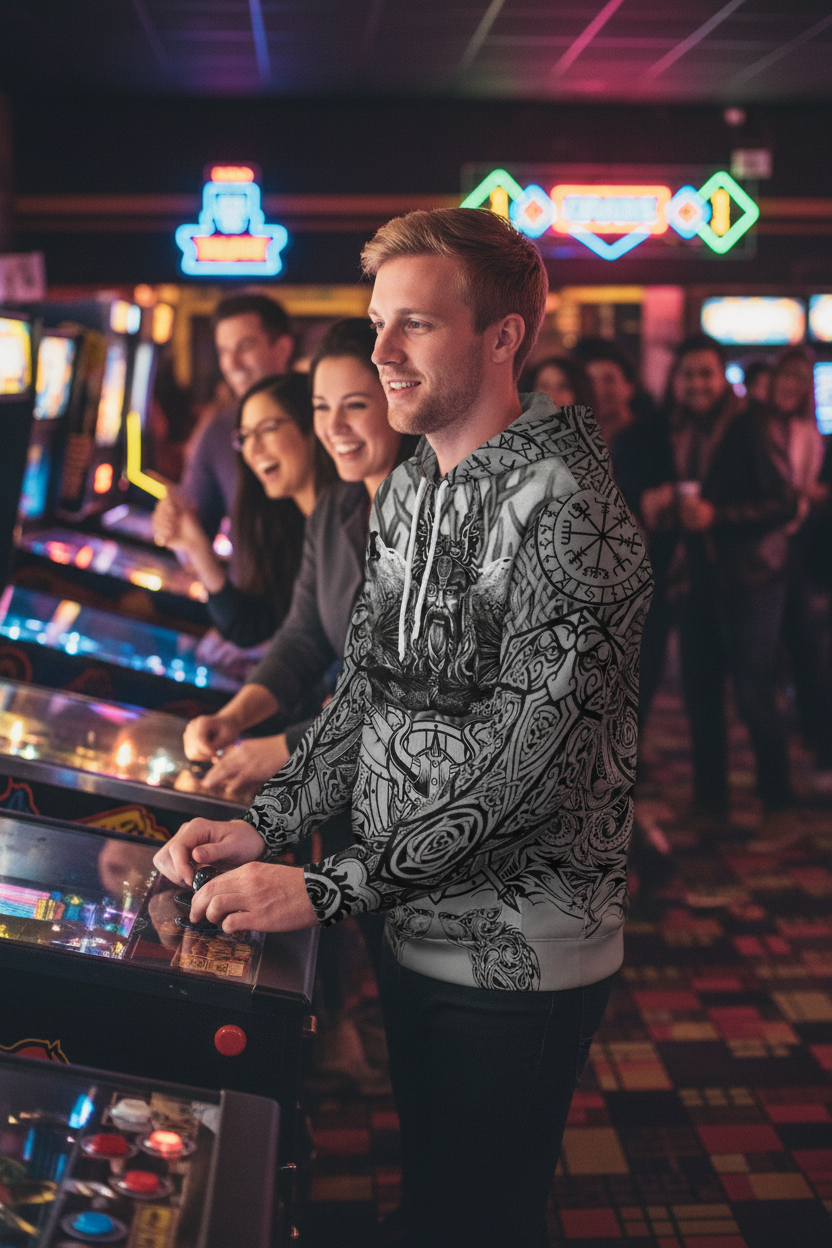 Caucasian blonde man at retro arcade bar wearing Viking tattoo anime game hoodie closer shot