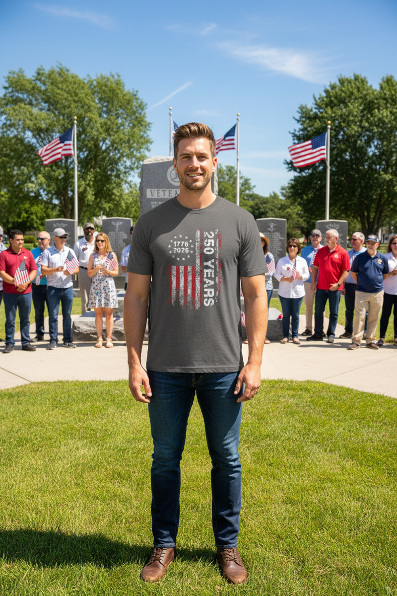 Caucasian male model in vertical flag 250 Years t-shirt at veterans memorial