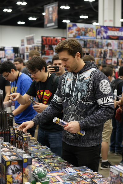 Caucasian man at comic convention wearing Viking tattoo anime game hoodie
