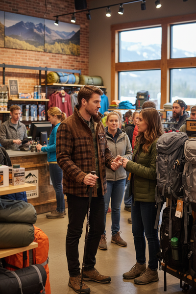 Caucasian man at outdoor gear store wearing plaid fleece jacket