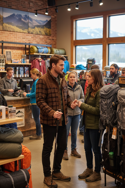 Caucasian man at outdoor gear store wearing plaid fleece jacket