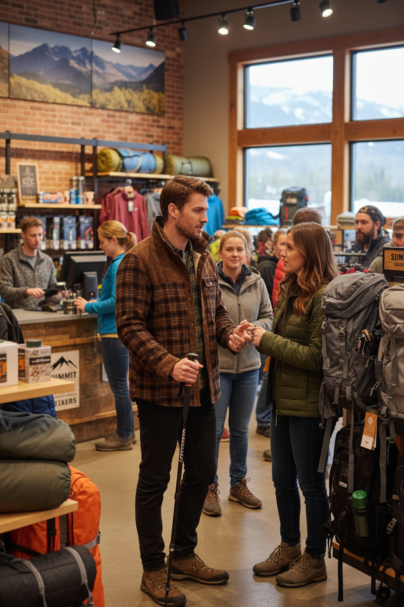 Caucasian man at outdoor gear store wearing plaid fleece jacket