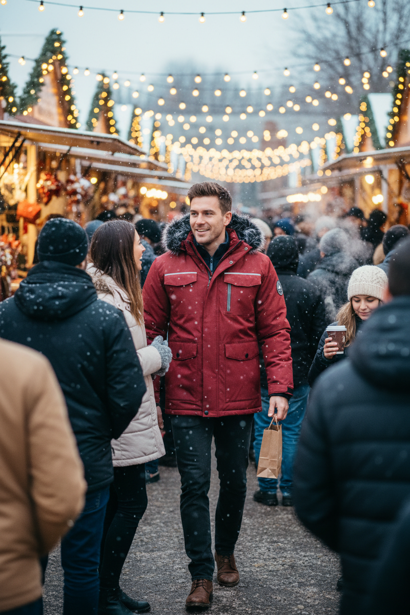 Caucasian man at outdoor winter festival wearing fur hooded parka coat