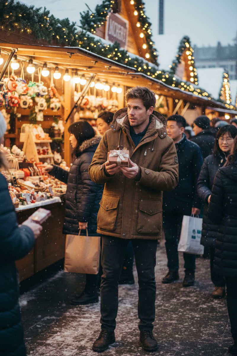 Caucasian man at outdoor winter market wearing hooded parka coat