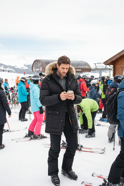 Caucasian man at ski lodge wearing fur hooded winter parka