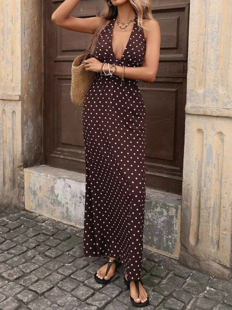 Polka Dot Halter Maxi Dress - Tie Neck Brown Print