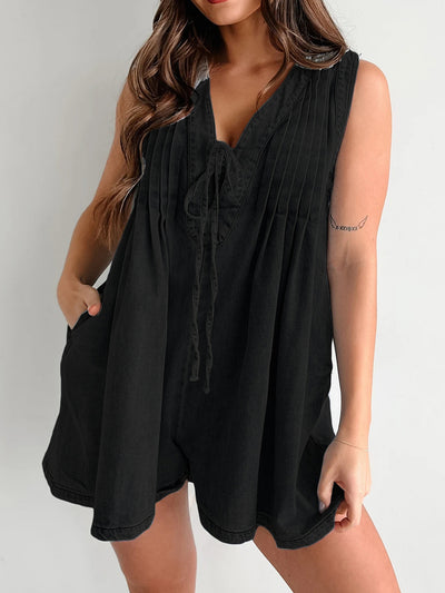 V-neck Pleated Tied Romper with Pockets