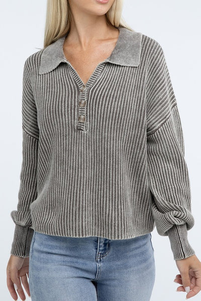 Ribbed Washed Collared Henley Sweater - Fashions Envy