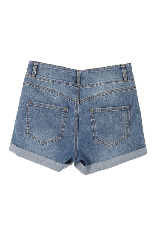 High Waisted Medium Blue Wash Rolled Denim Shorts