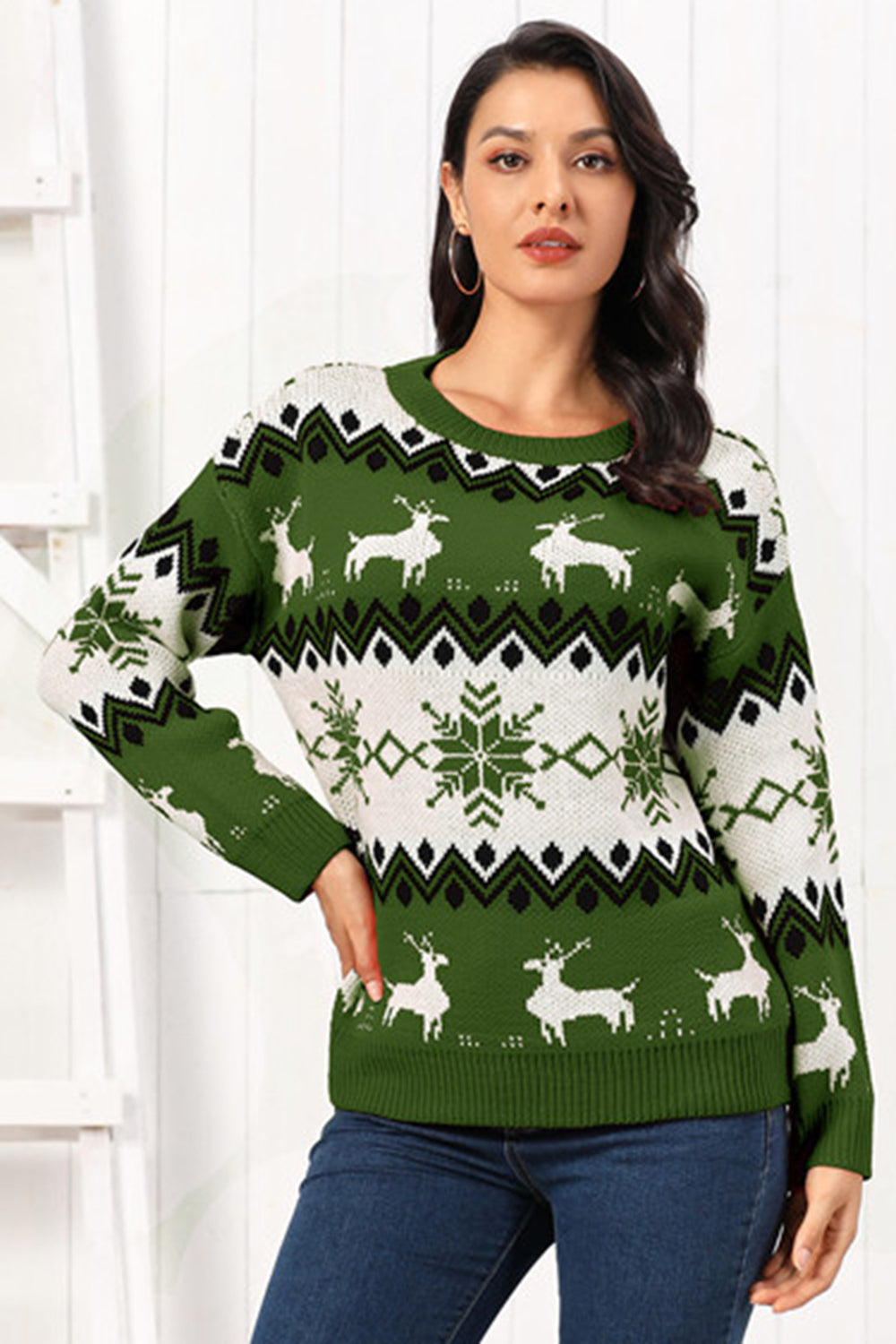 Reindeer Round Neck Sweater - Fashions Envy