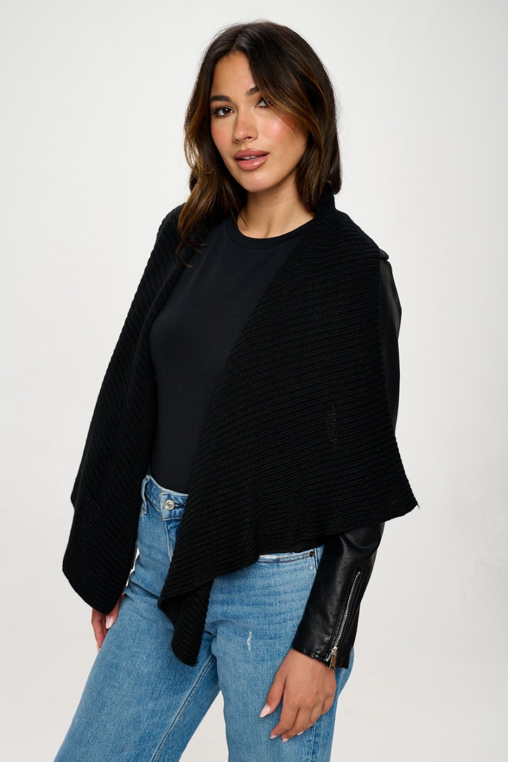 Black Knit Collared Faux Leather Crop Jacket