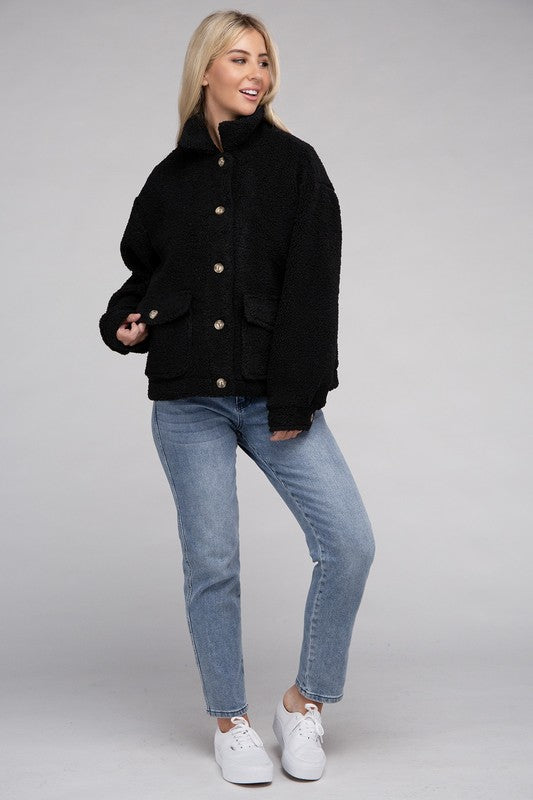 Cozy Sherpa Button-Front Long Sleeve Jacket