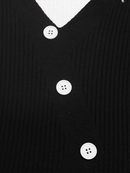 Color Block V-Neck Sweater - Chic Button Detail - Fashions Envy