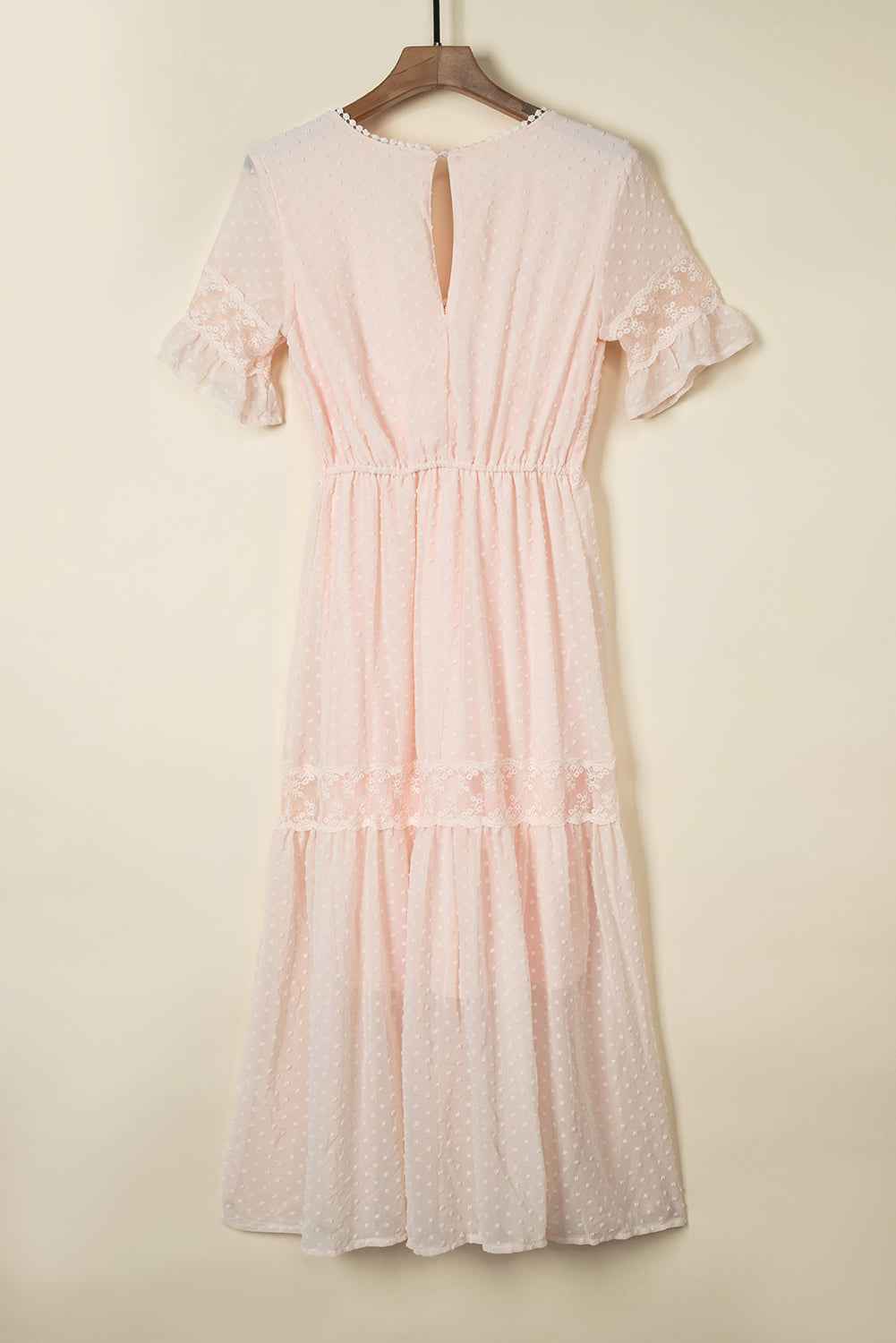 Swiss Dot Ruffle Sleeve Maxi Dress - Pink Lace Trim
