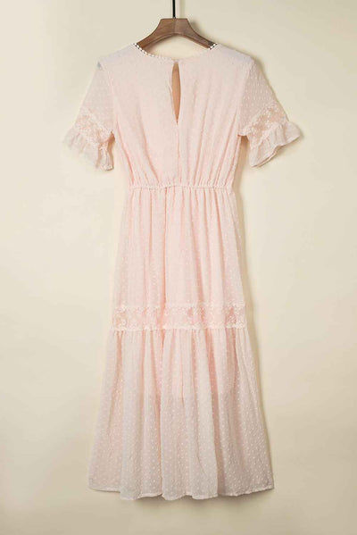 Swiss Dot Ruffle Sleeve Maxi Dress - Pink Lace Trim