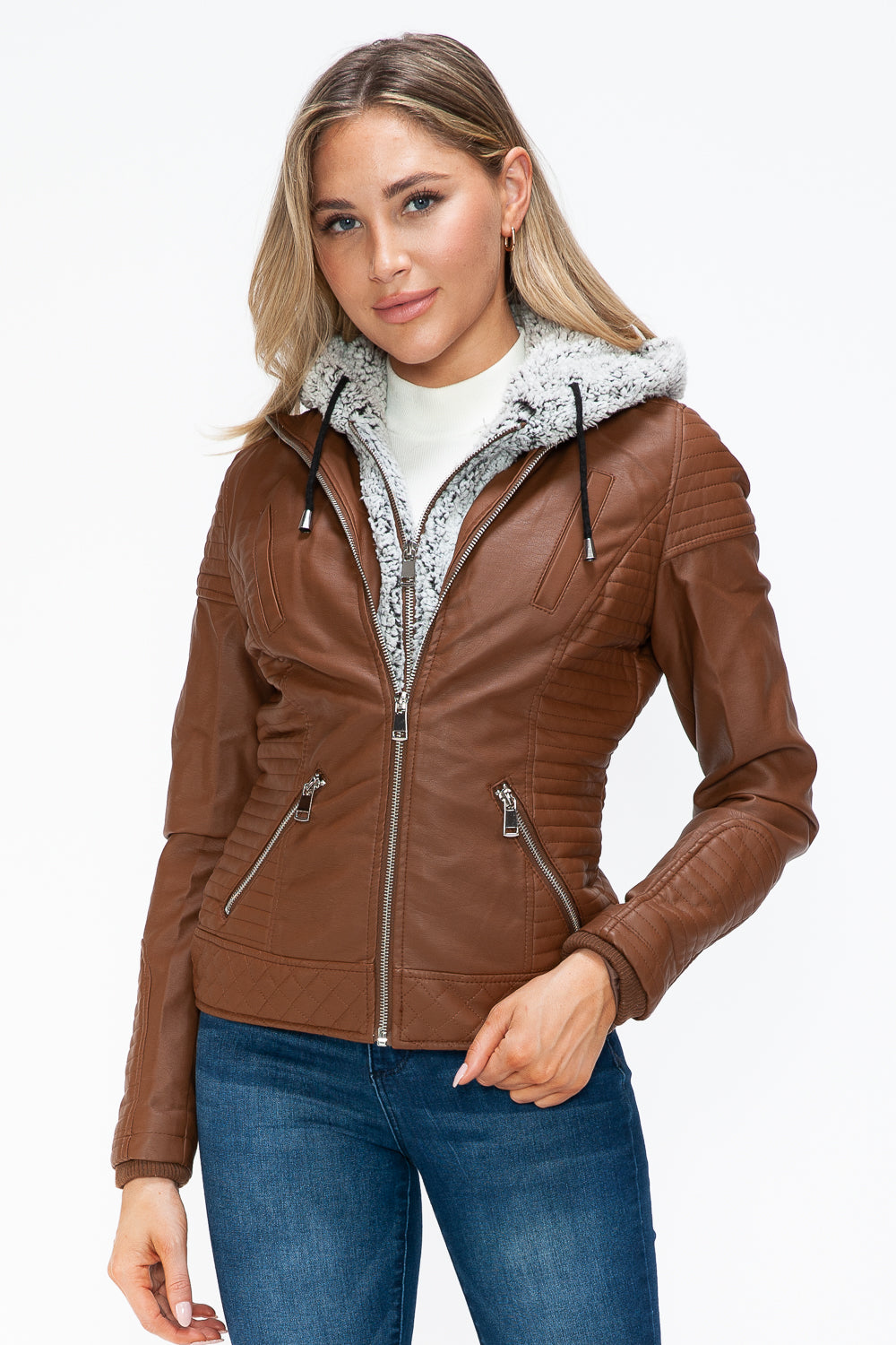 Rust Faux Layered Double-Zipper Jacket with Fuzzy Hood