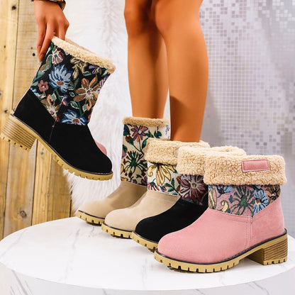 Embroidered Snow Boots - Ethnic Platform Square Heel
