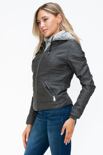 Charcoal Faux Layered Double-Zipper Jacket with Fuzzy Hood