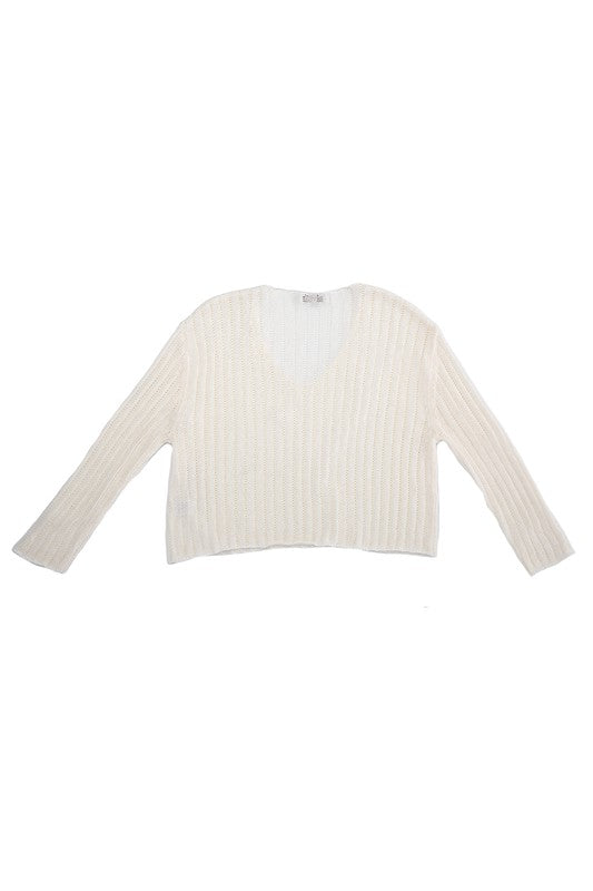 Ivory Variegated Ribbed V-Neck Sweater