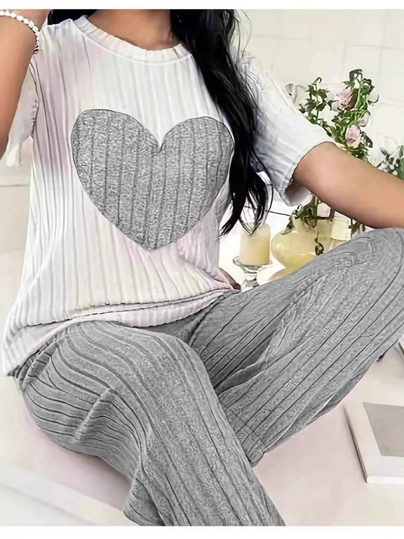 Heart Ribbed Knit Top and Pants Lounge Set